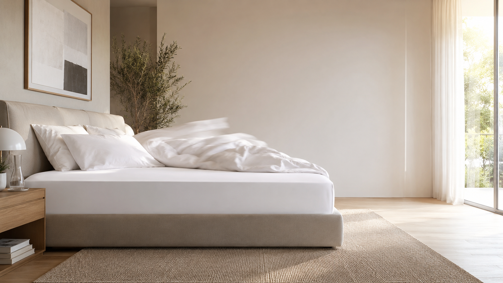 Freshly made bed with secure deep-pocket fitted sheet hold