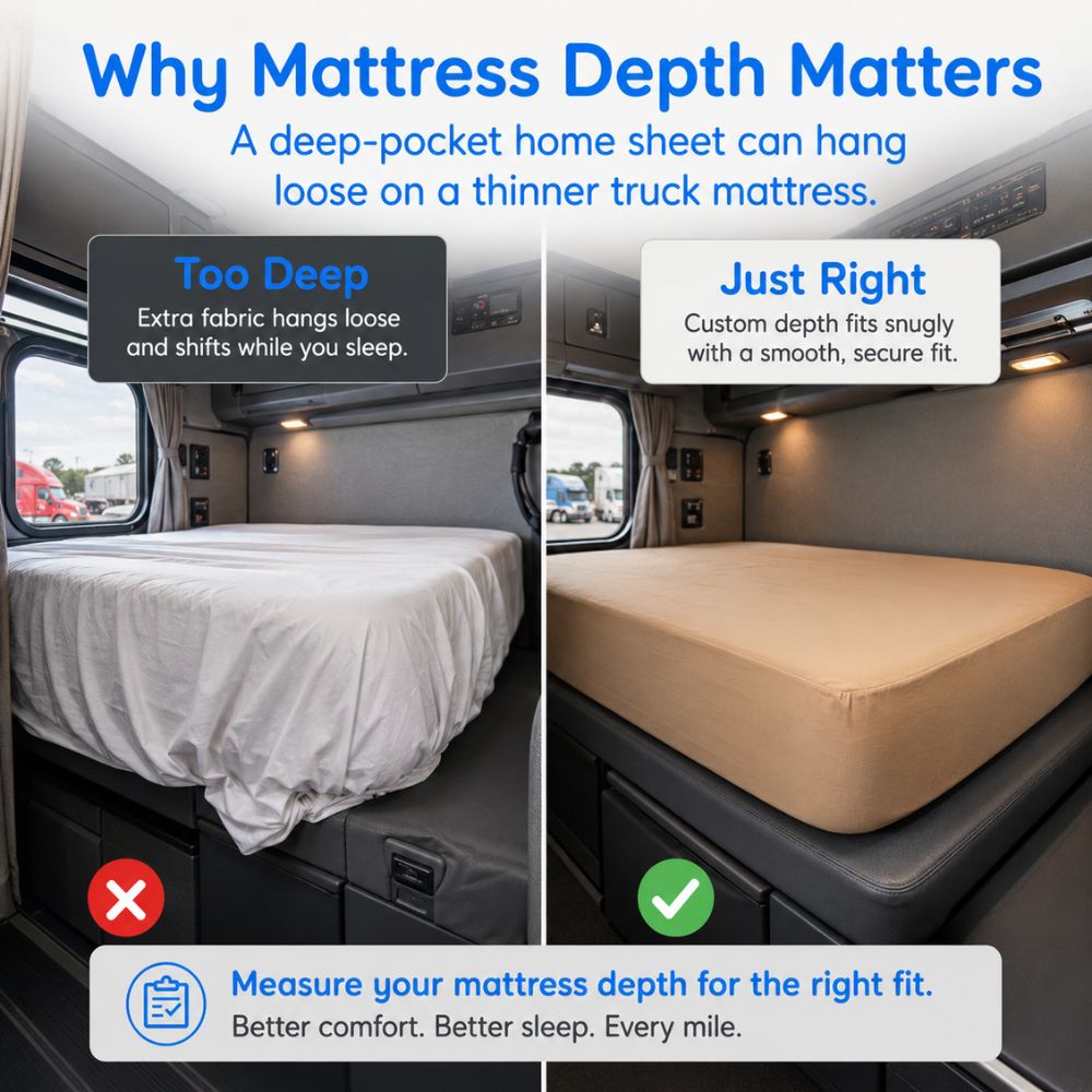 Depth mismatch causes loose fitted sheet pockets in truck sleeper beds